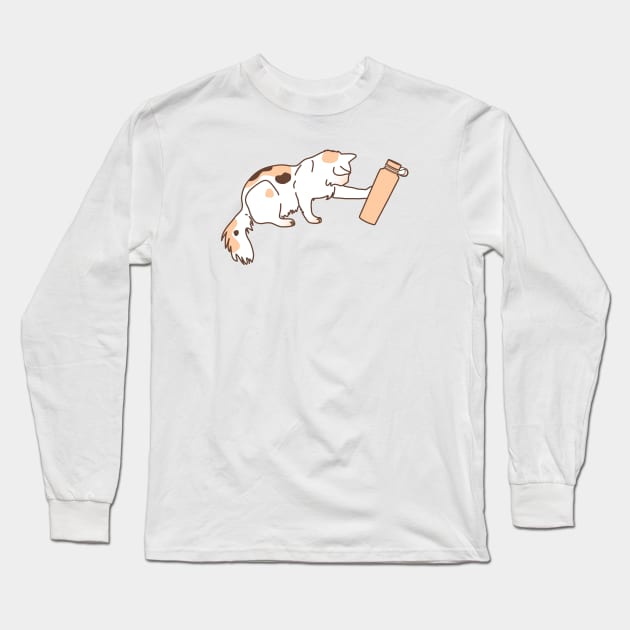 Calico cat knocking water bottle Long Sleeve T-Shirt by Wlaurence